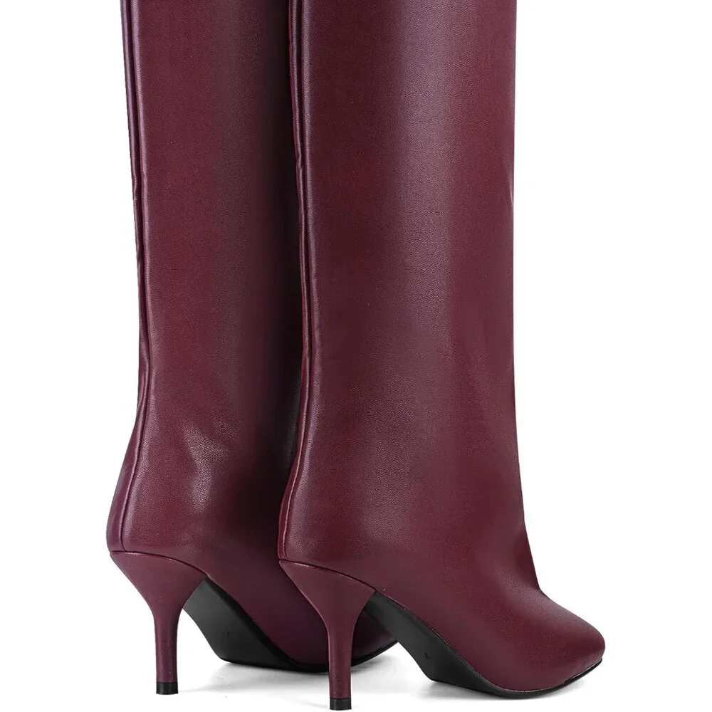 Women's Burgundy Pu Wide Calf Square Toe Stiletto Heels Knee High Suede Boots